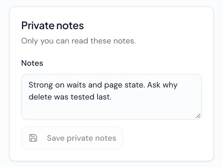Private notes, which only you can read: Strong on waits and page state. Ask why delete was tested last.