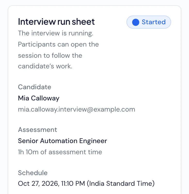 The interview run sheet: Mia Calloway’s Live Interview for Senior Automation Engineer, started, with its schedule.