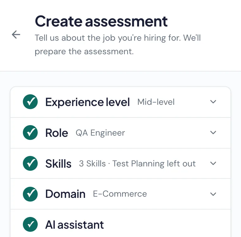 Create assessment, every step answered: Mid-level, QA Engineer, 3 Skills, E-Commerce and the AI assistant.
