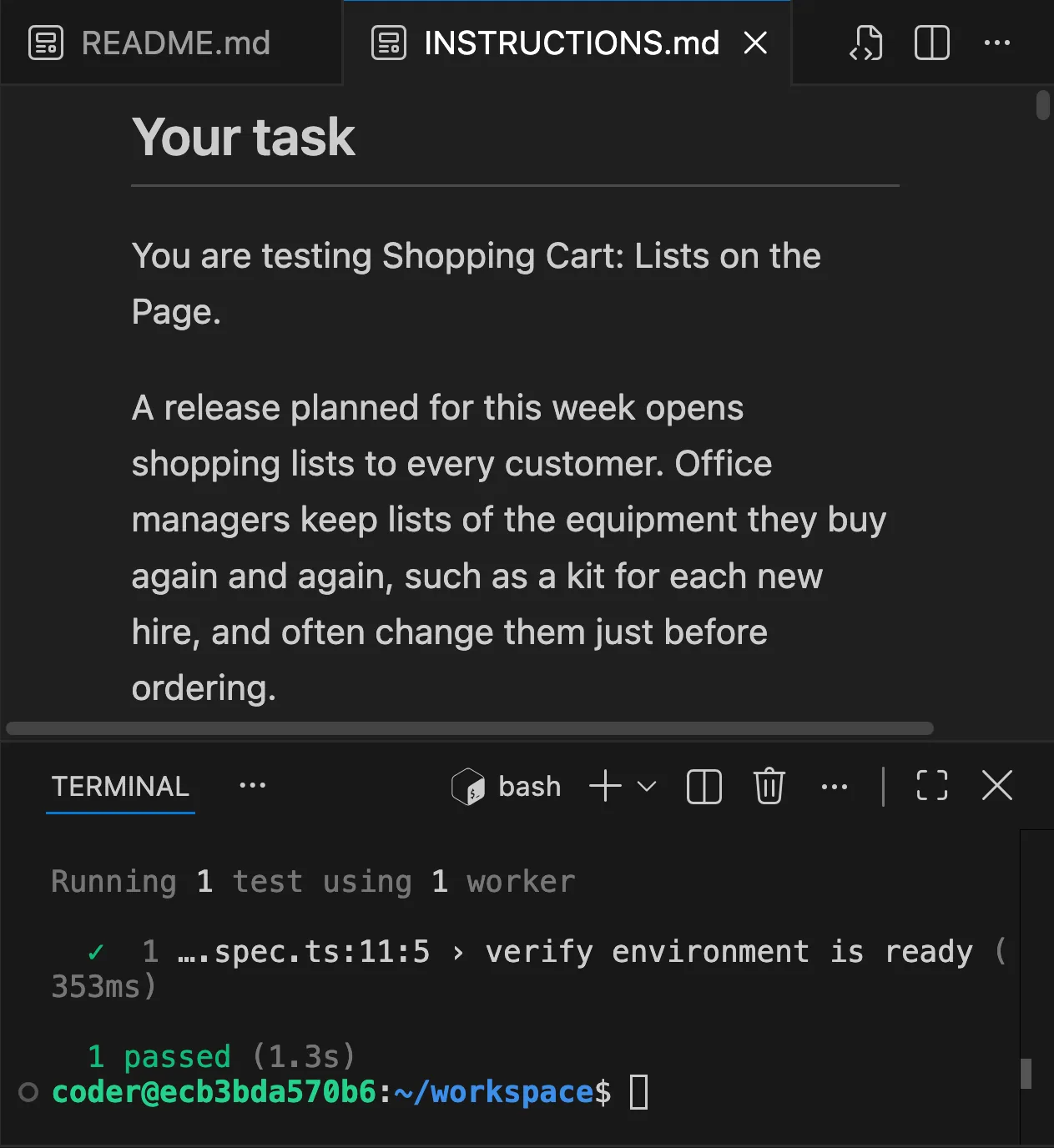 The IDE, the candidate’s code editor, with the challenge’s instructions and a passing test run in its terminal.